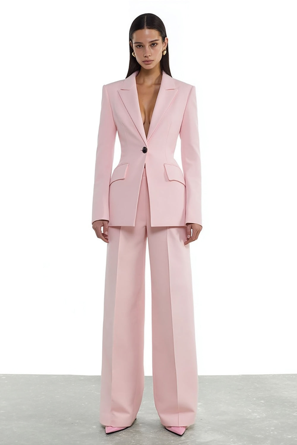 Costumes de travail 2 pièces pour femmes, revers à encoche rose, un bouton