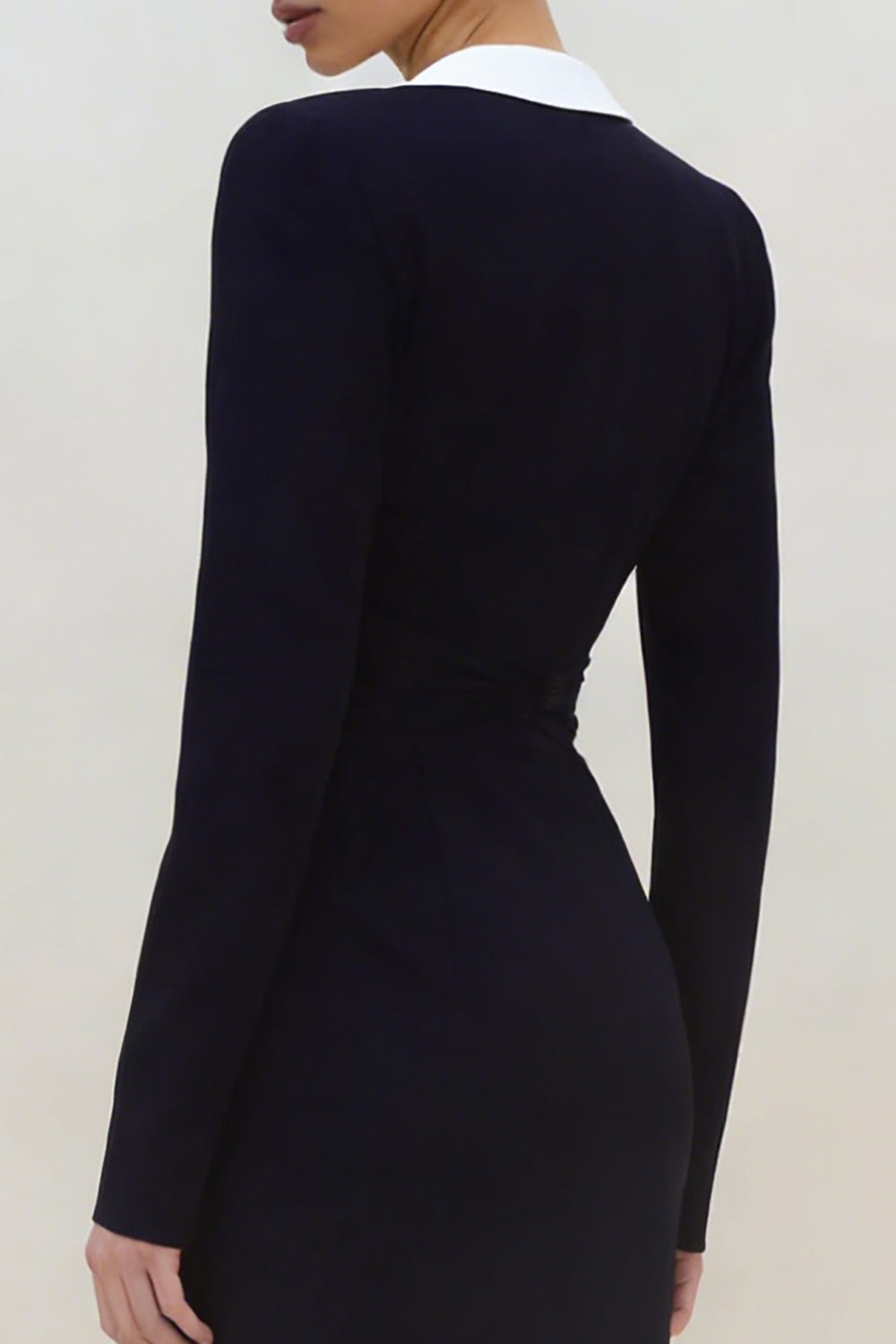 Black Sheath Deep V-Neck Long Sleeves Work Dress with Slit