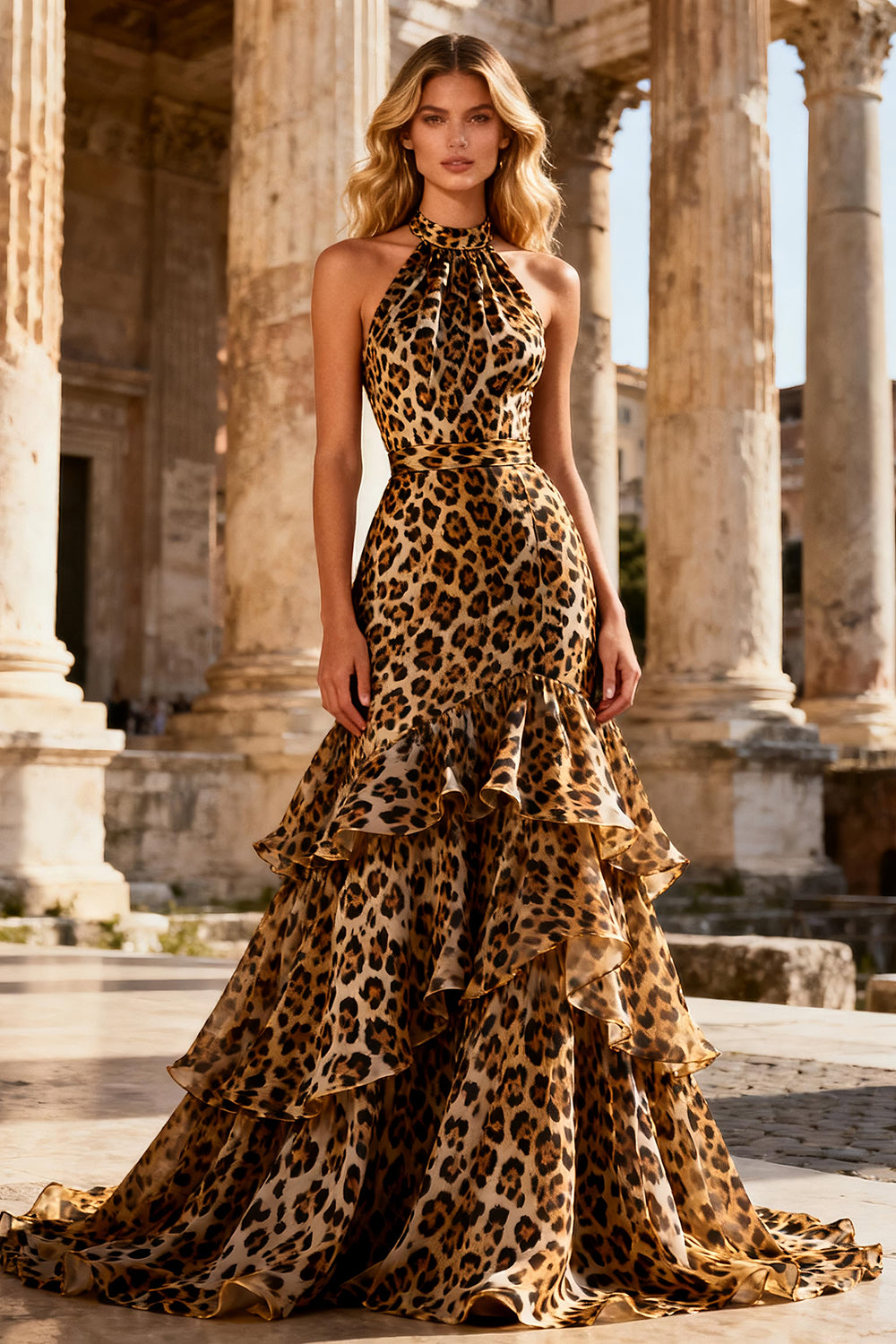 Halter Mermaid Khaki Leopard Ruffled Backless Long Prom Dress