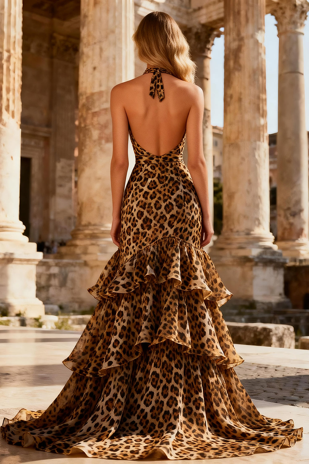 Halter Mermaid Khaki Leopard Ruffled Backless Long Prom Dress
