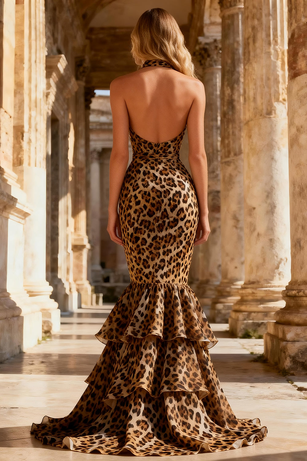Vestido largo de sirena de leopardo caqui con cuello halter y espalda abierta para fiesta de graduación