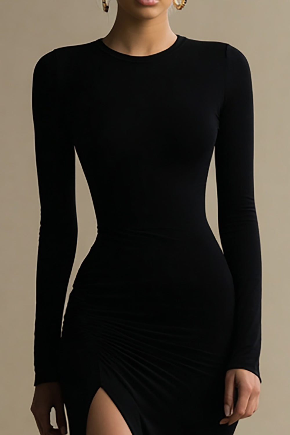 Black Round Neck Mermaid Long Sleeve Formal Dress with Slit
