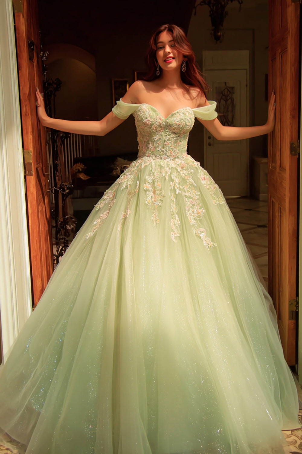 Green Off-The-Shoulder Ball Gown with Appliqués for Quinceañera