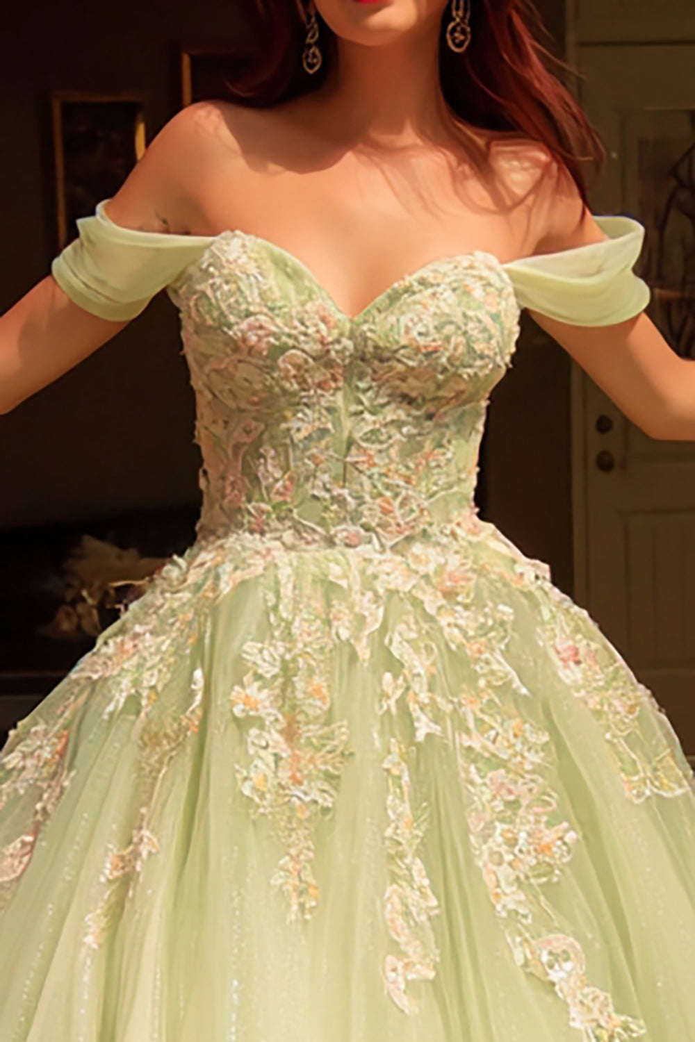Green Off-The-Shoulder Ball Gown with Appliqués for Quinceañera