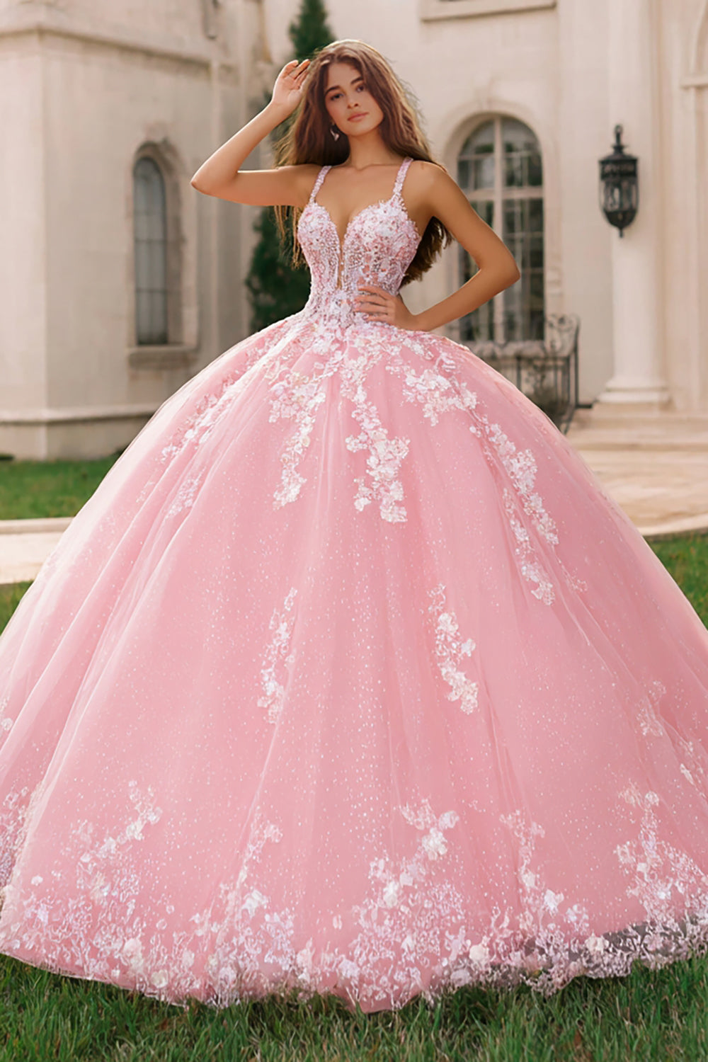Pink Spaghetti Straps Ball-Gown Appliqued Quinceanera Dress
