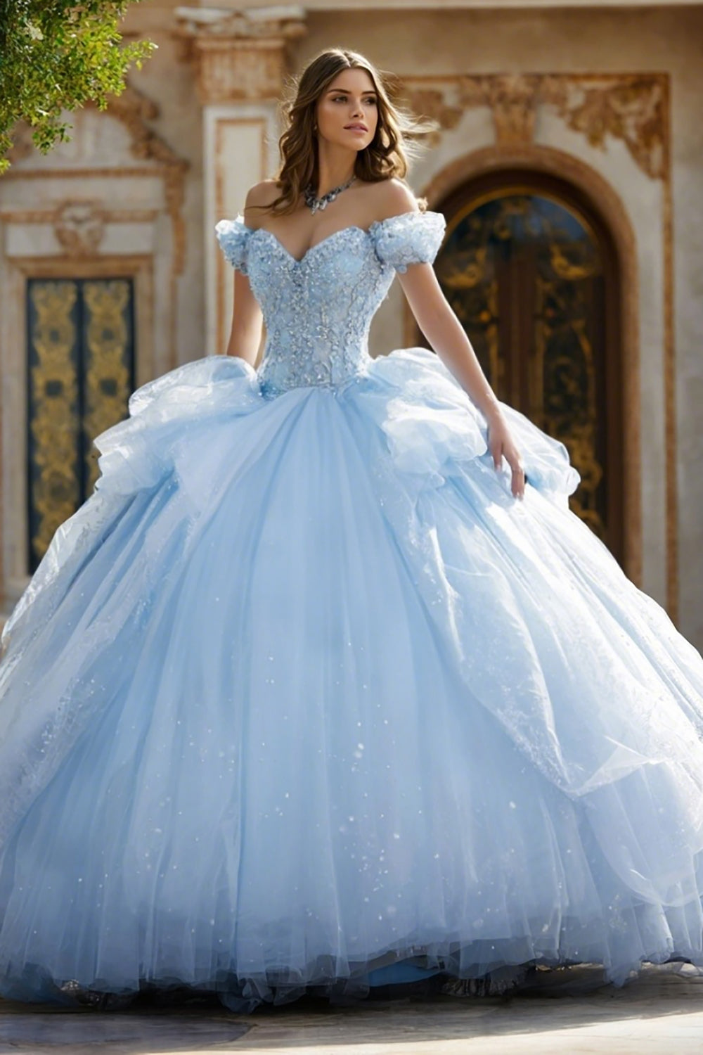 Robe de Quinceañera bleue à volants, appliqués et col épaules dénudées
