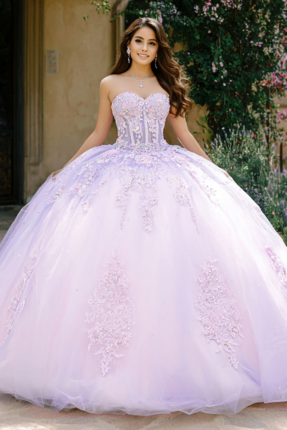 Strapless Lilac Ball Gown Corset Appliqued Quinceanera Dress