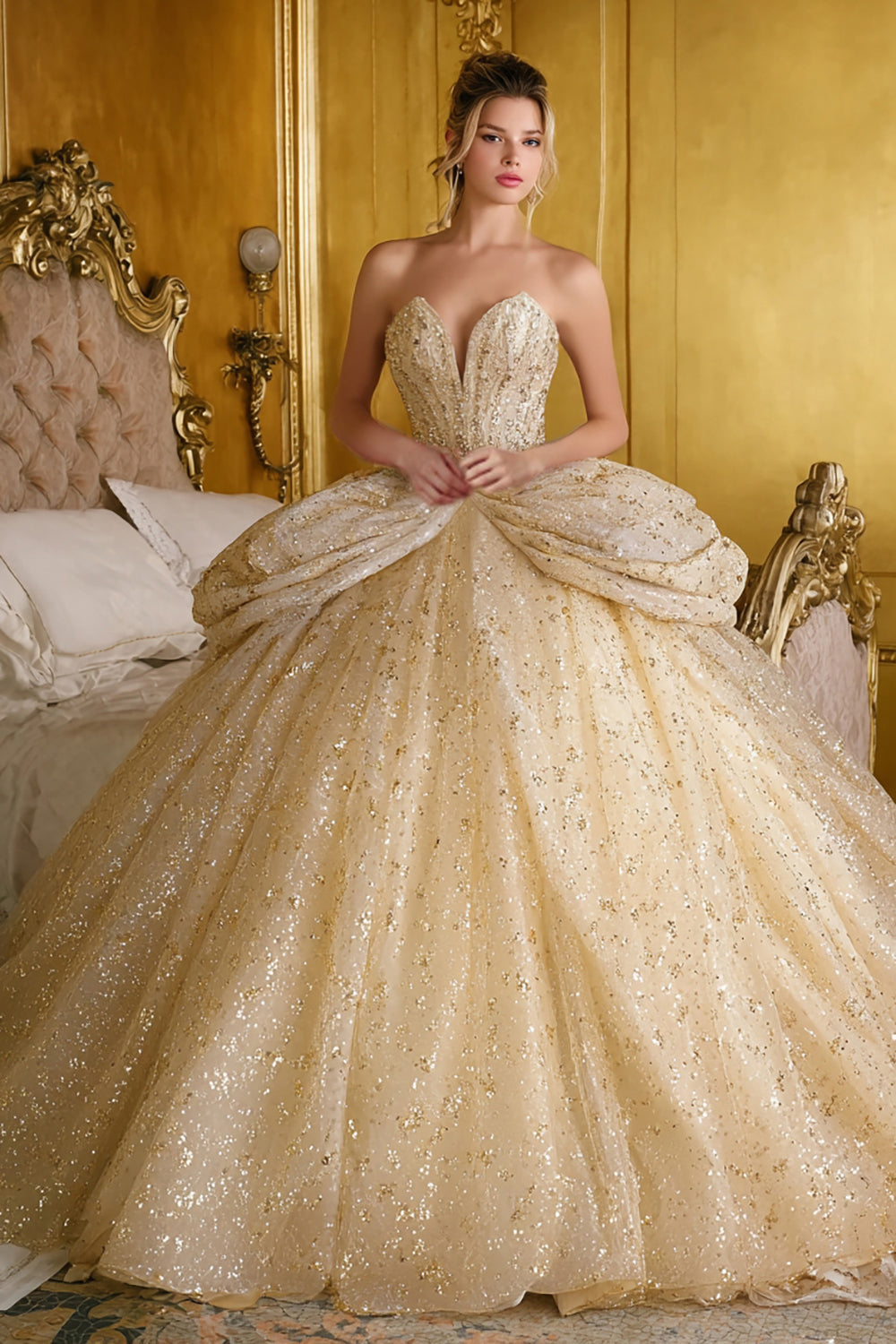 Sparkly Gold Strapless Ball-Gown Quinceanera Dress