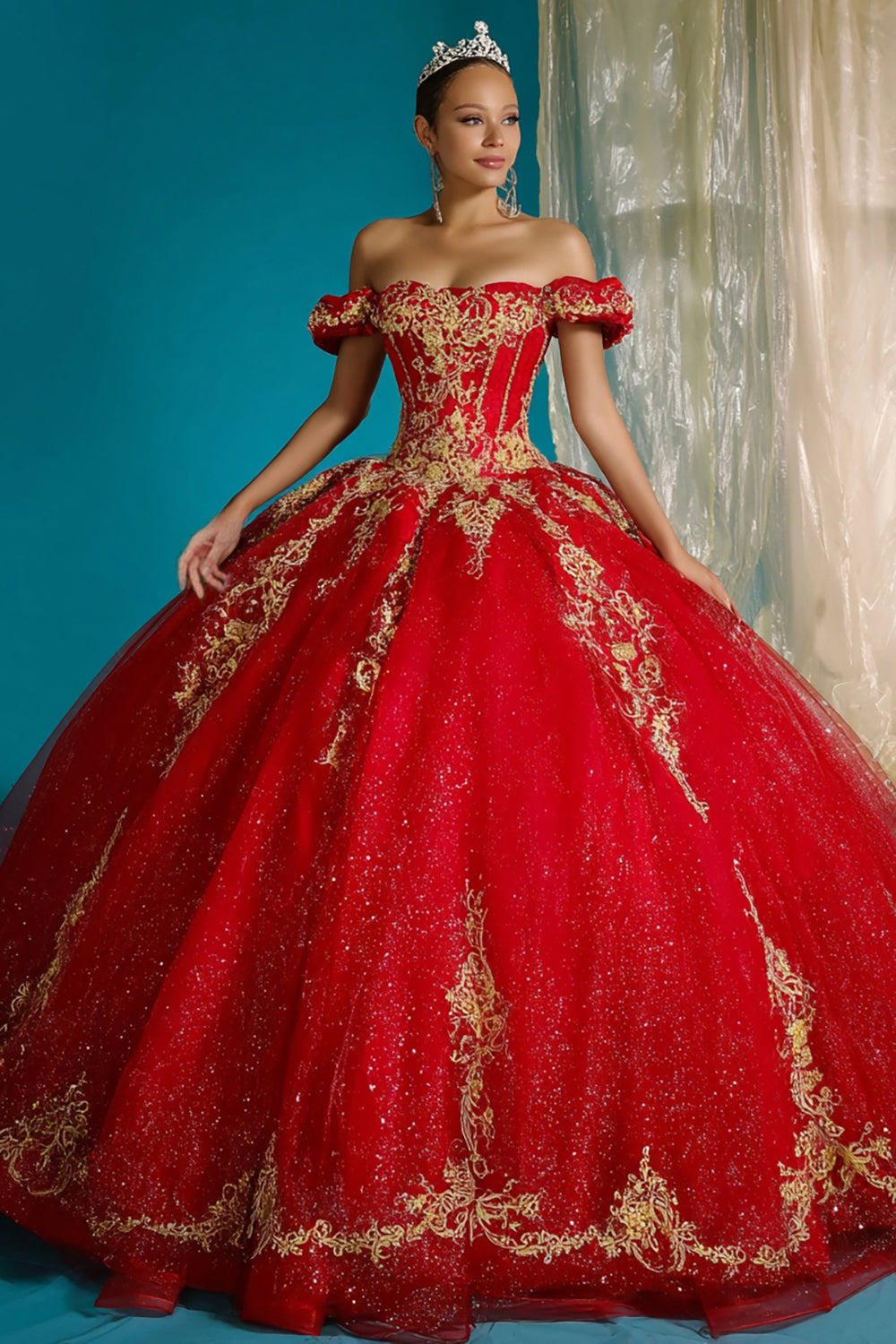 Robe de bal de quinceañera rouge à épaules dénudées et appliques
