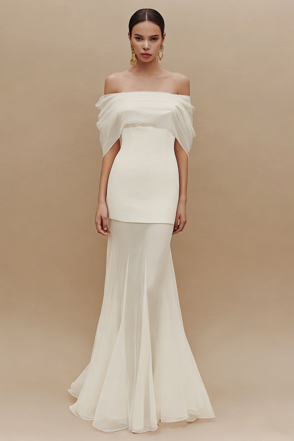 Ivory Mermaid Off The Shoulder Tulle Long Engagement Dress