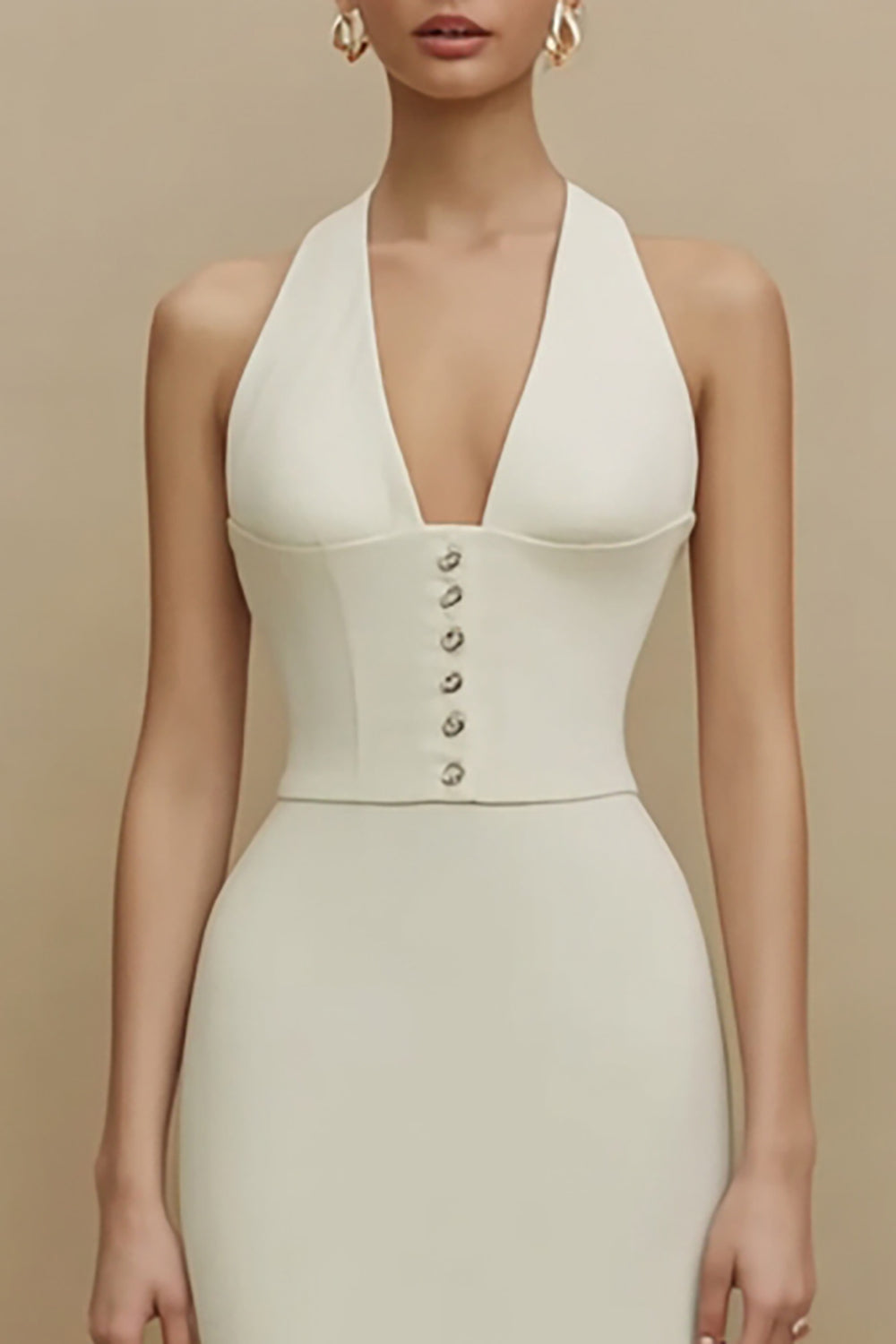 Halter Ivory Sheath Satin Midi Engagement Dress