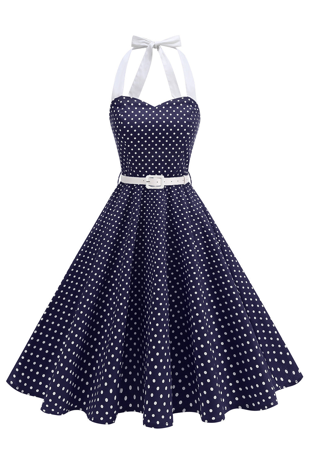 Halter Polka Dots Royal Blue A Line 1950s Dress