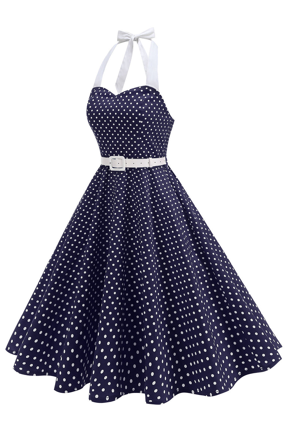 Halter Polka Dots Royal Blue A Line 1950s Dress