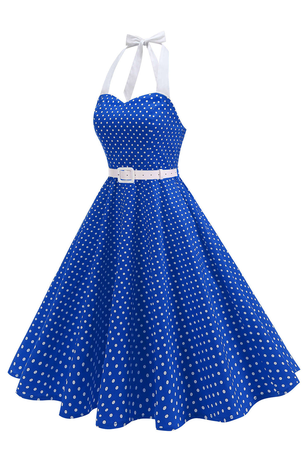 Halter Polka Dots Royal Blue A Line 1950s Dress