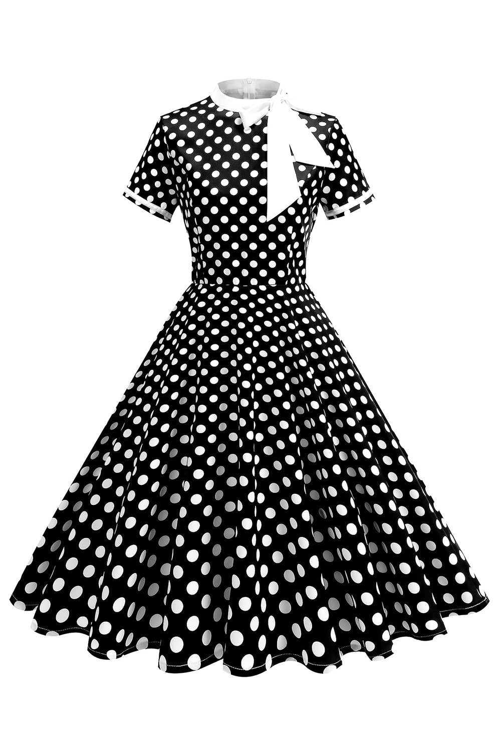 Robe trapèze année 50 noire à pois, col montant et nœud