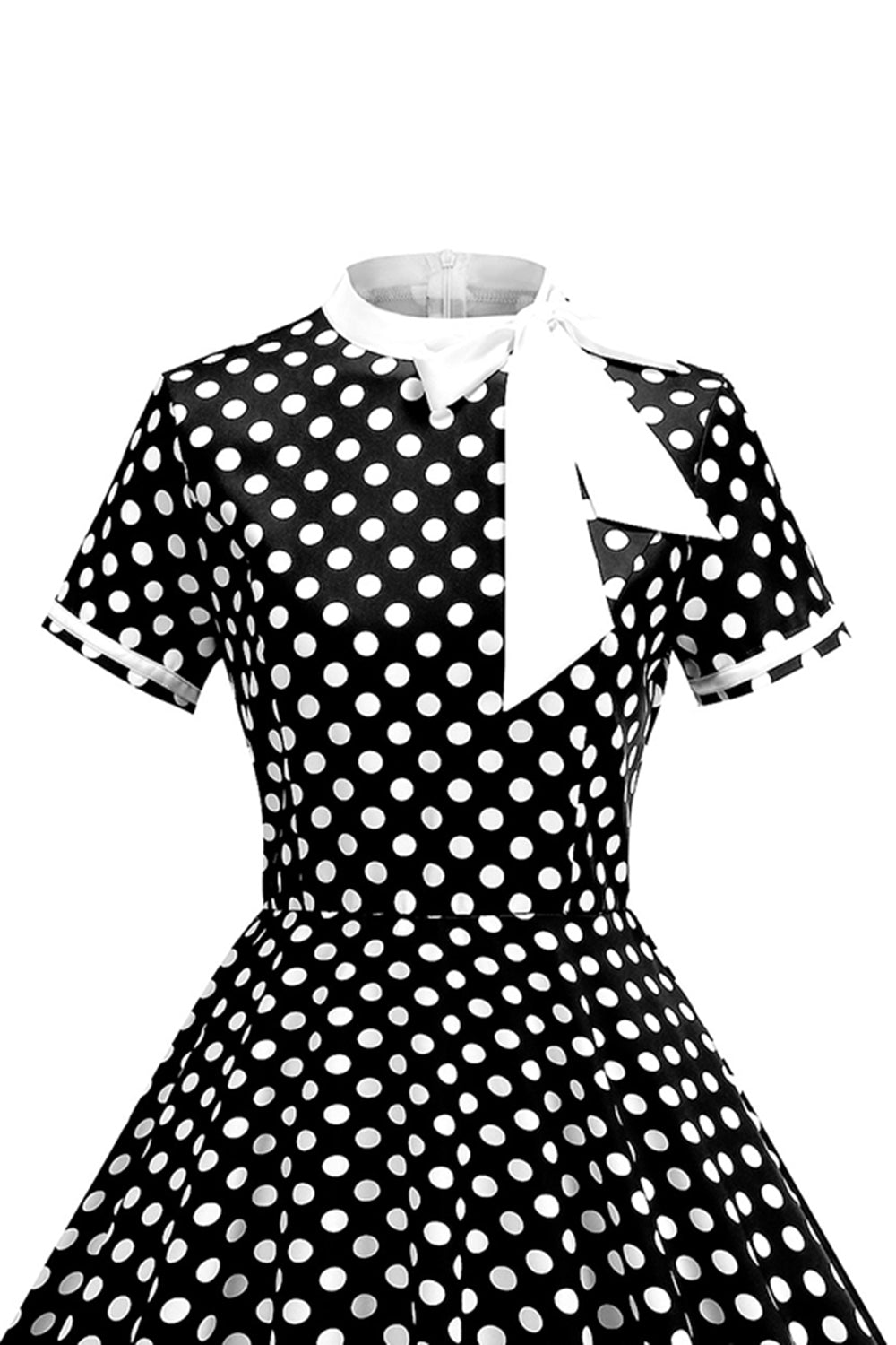 Robe trapèze année 50 noire à pois, col montant et nœud