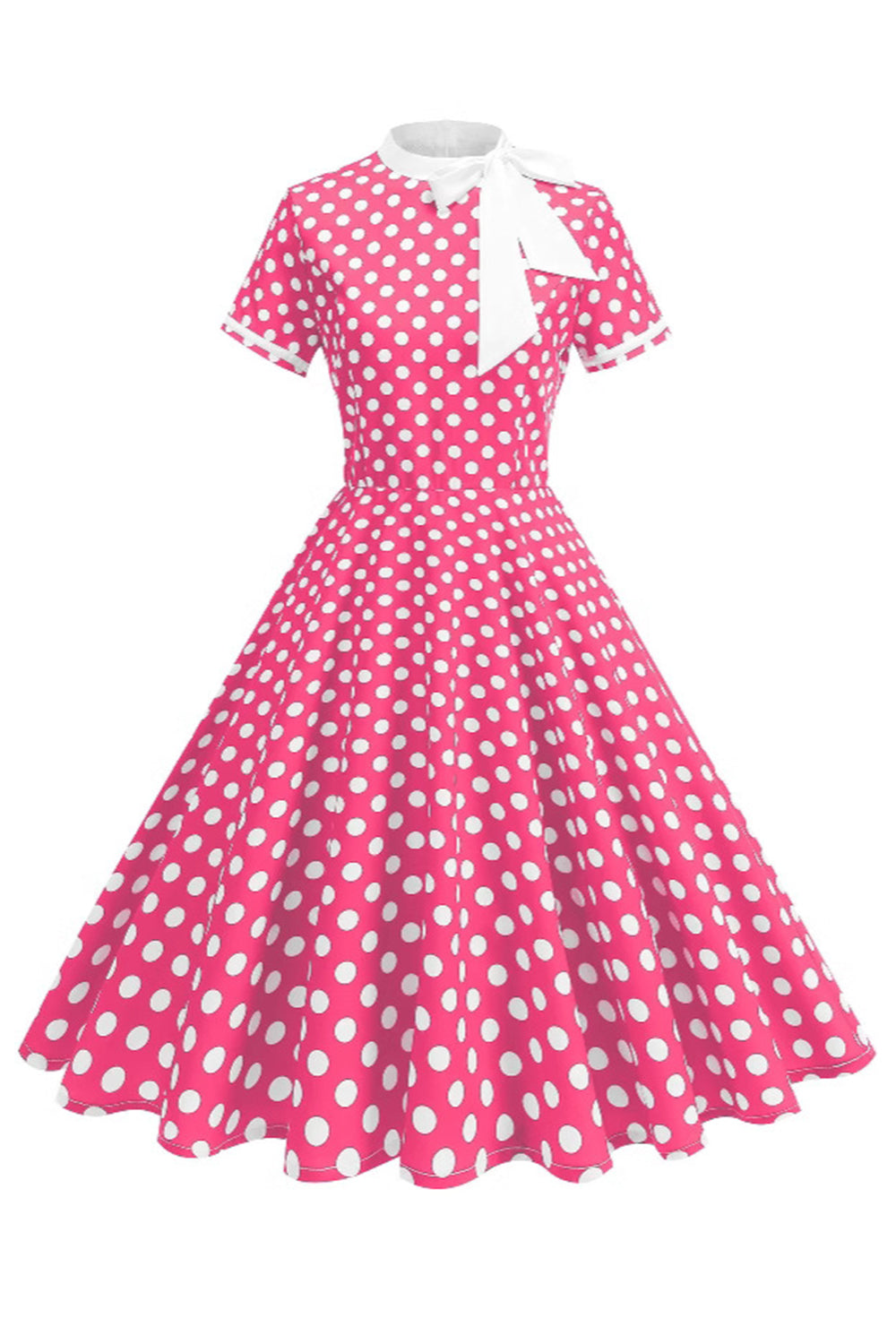 Robe trapèze année 50 noire à pois, col montant et nœud