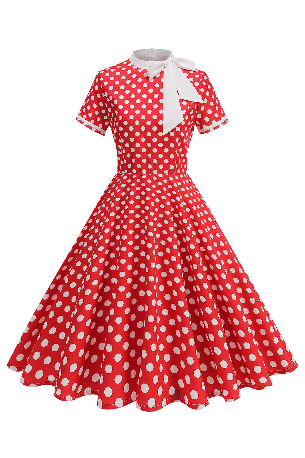 Robe trapèze année 50 noire à pois, col montant et nœud