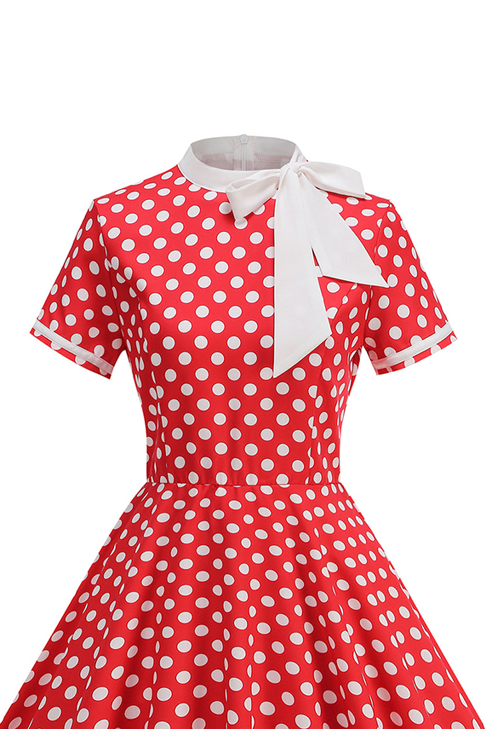 Robe trapèze année 50 noire à pois, col montant et nœud