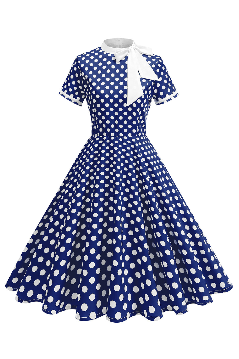 Robe trapèze année 50 noire à pois, col montant et nœud
