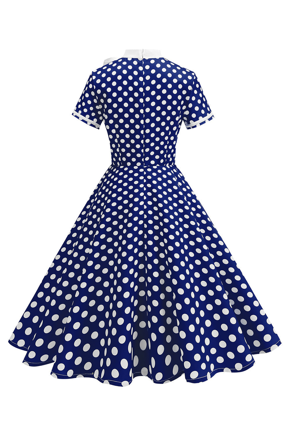 Robe trapèze année 50 noire à pois, col montant et nœud