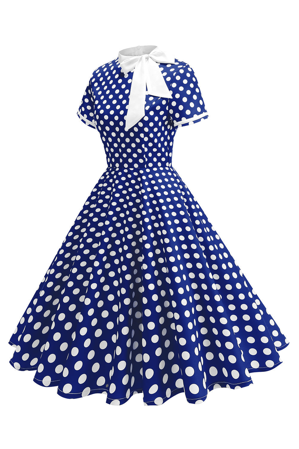 Robe trapèze année 50 noire à pois, col montant et nœud