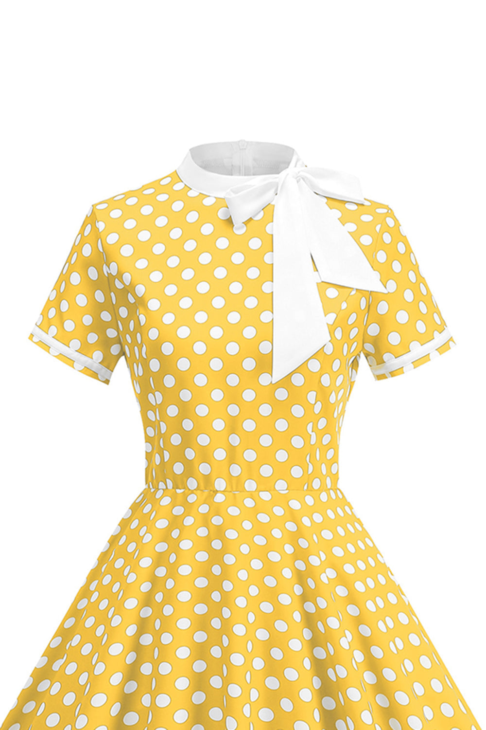 Robe trapèze année 50 noire à pois, col montant et nœud