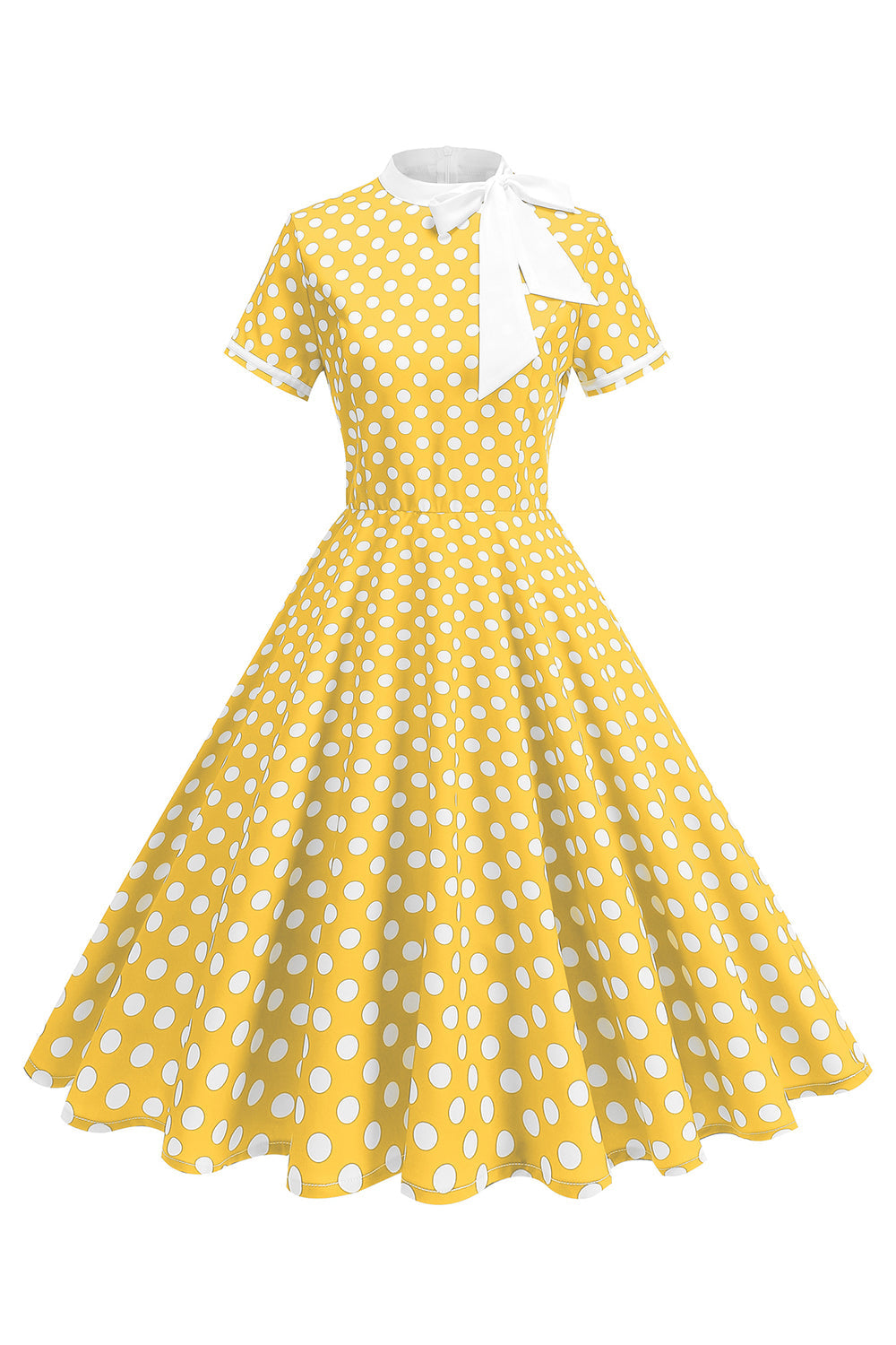 Robe trapèze année 50 noire à pois, col montant et nœud