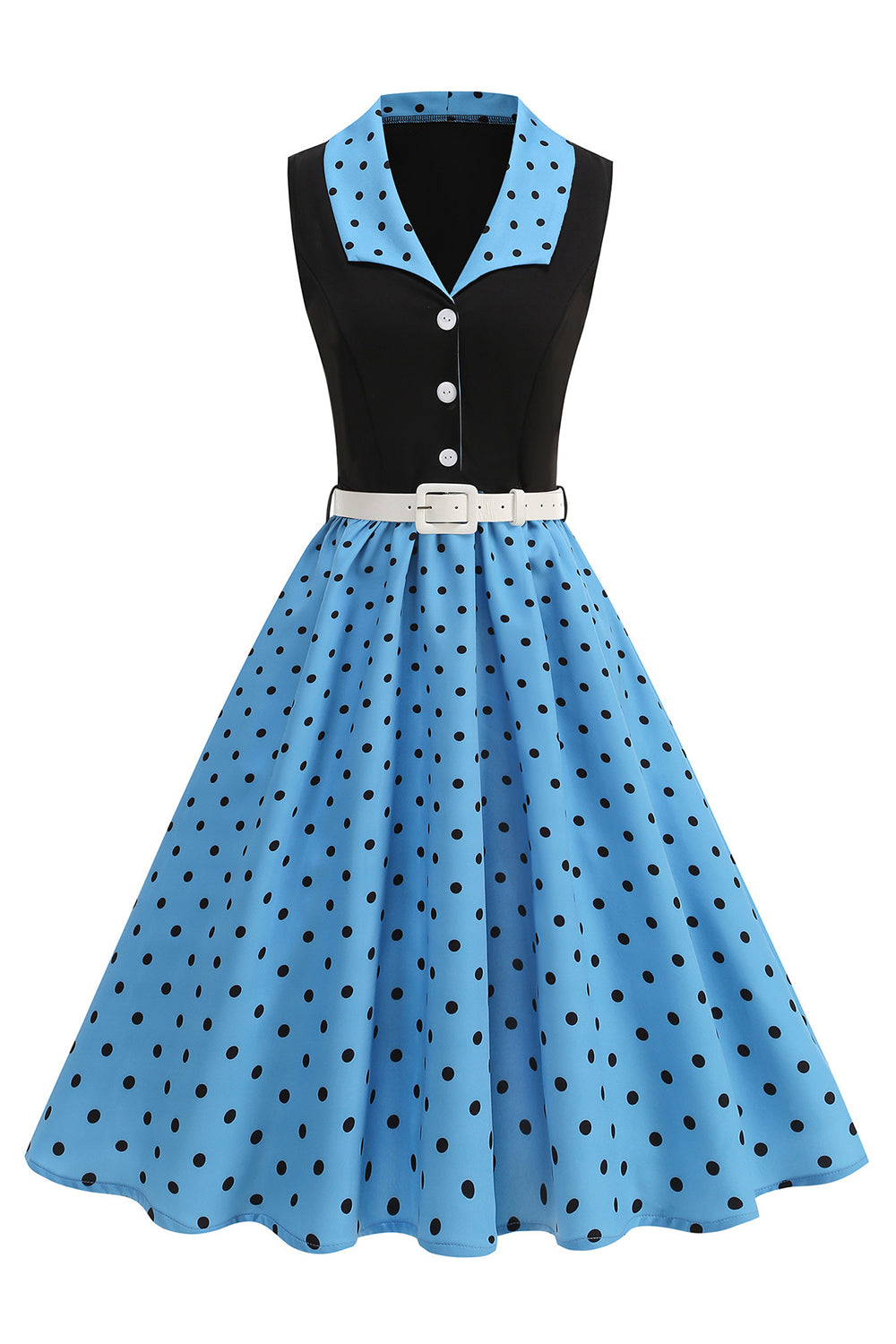 Blue A Line Polka Dots Shawl Lapel 1950s Dress