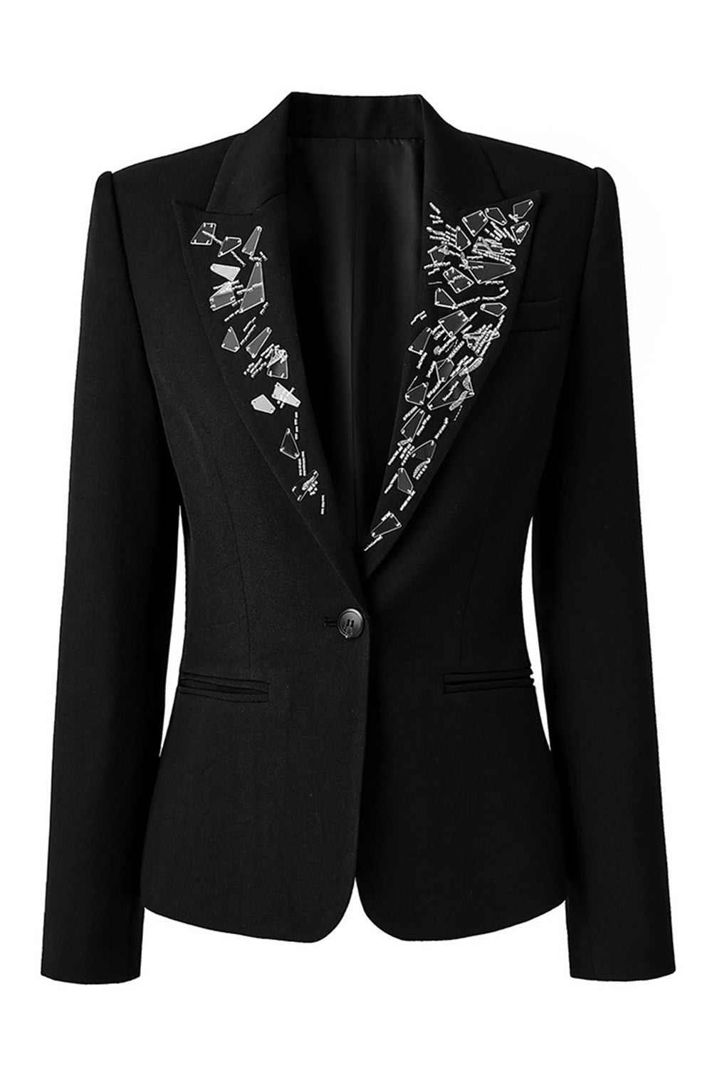 Black Mirror Beaded Peak Lapel One Button Blazer