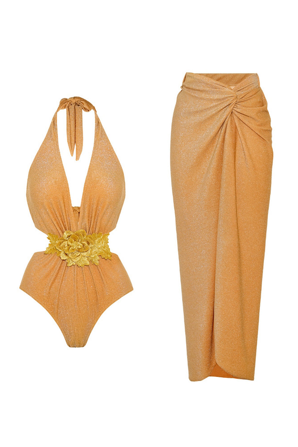 Golden 2 Piece Halter 3D Flower Swimsuit with Beach Dress