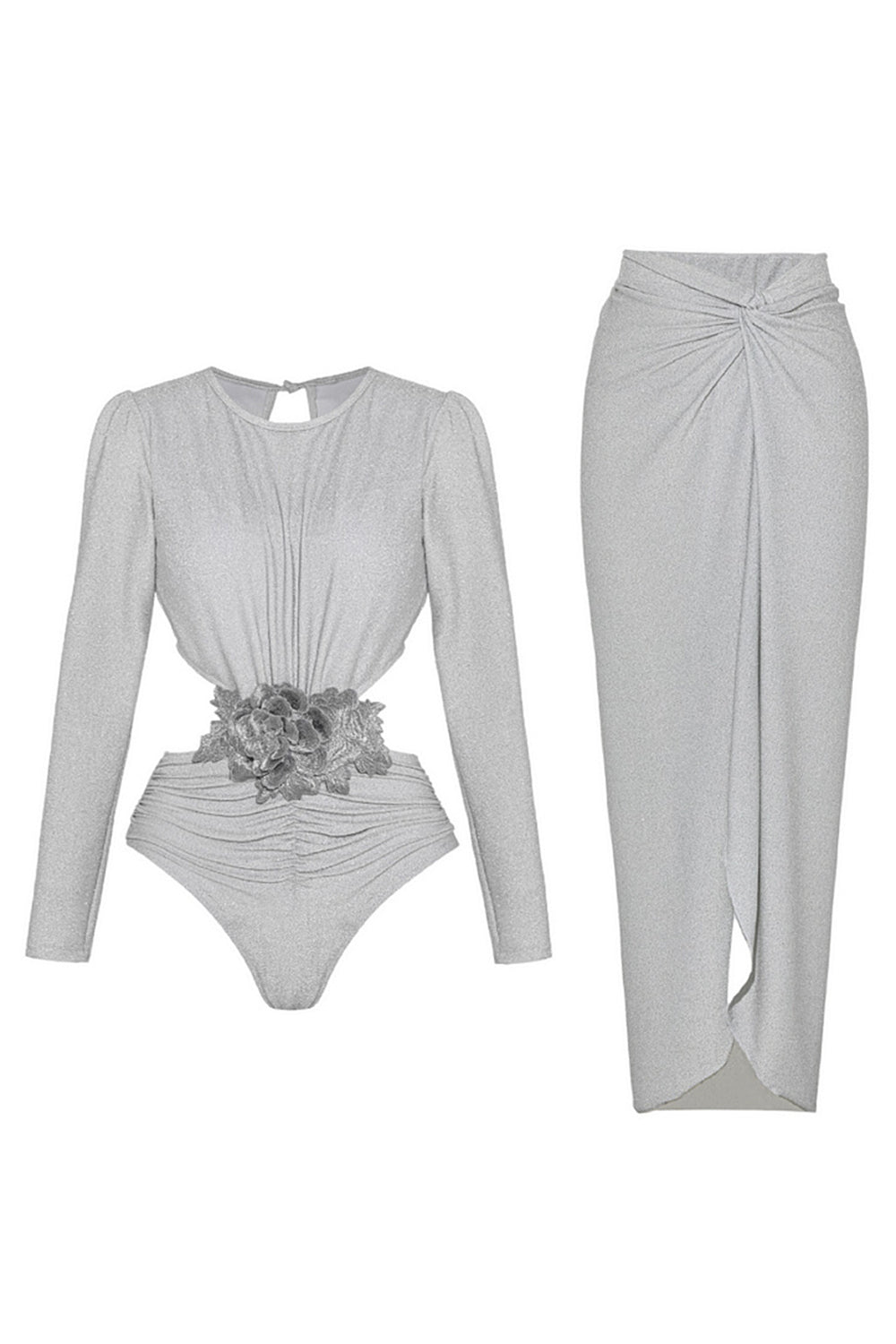 Silver Long Sleeves 2 Piece Swimsuit with Beach Dress