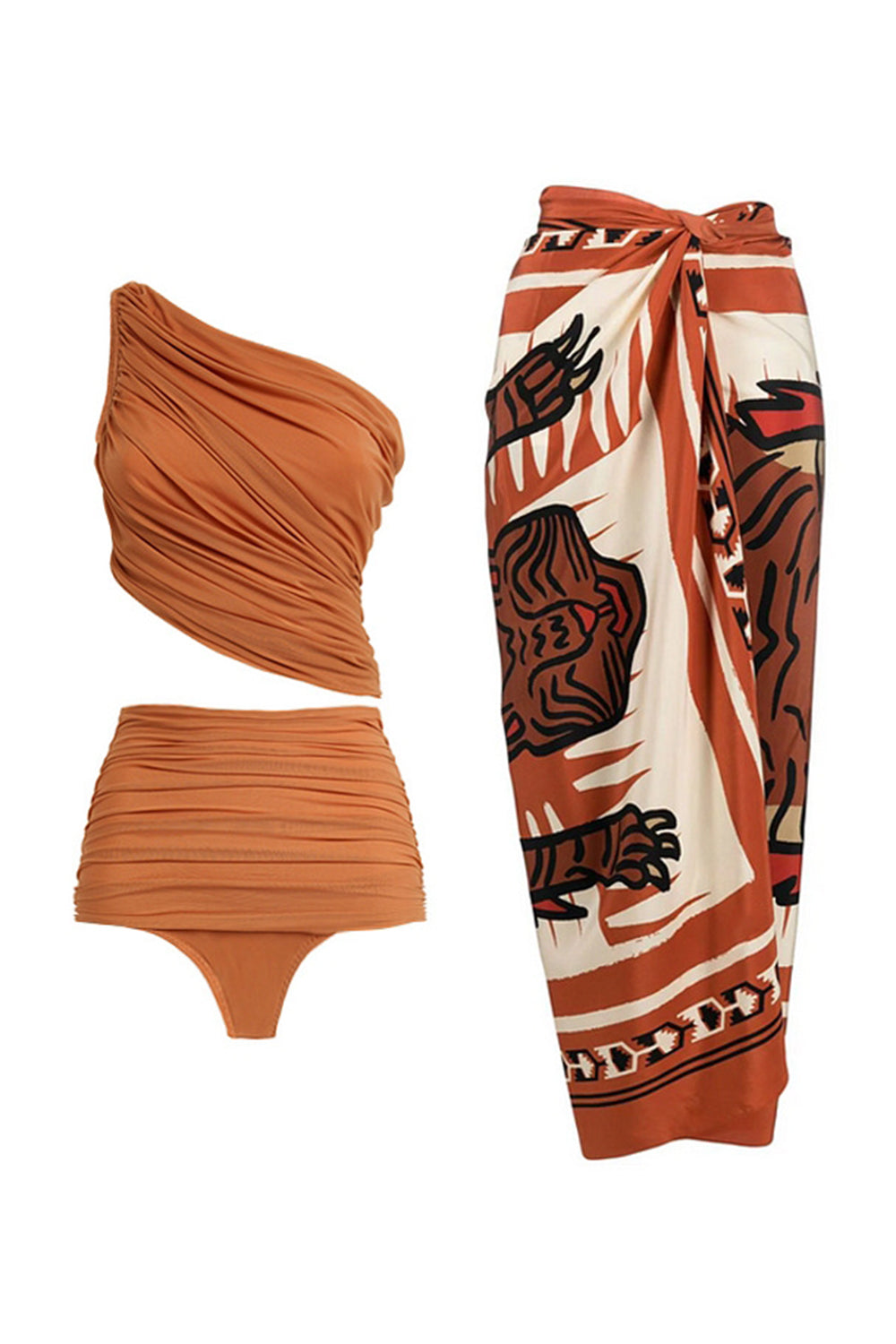 Maillot de bain 3 pièces orange froncé asymétrique avec robe de plage