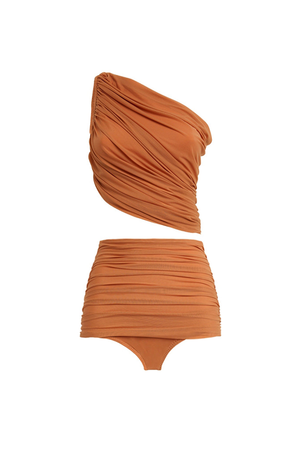 Maillot de bain 3 pièces orange froncé asymétrique avec robe de plage