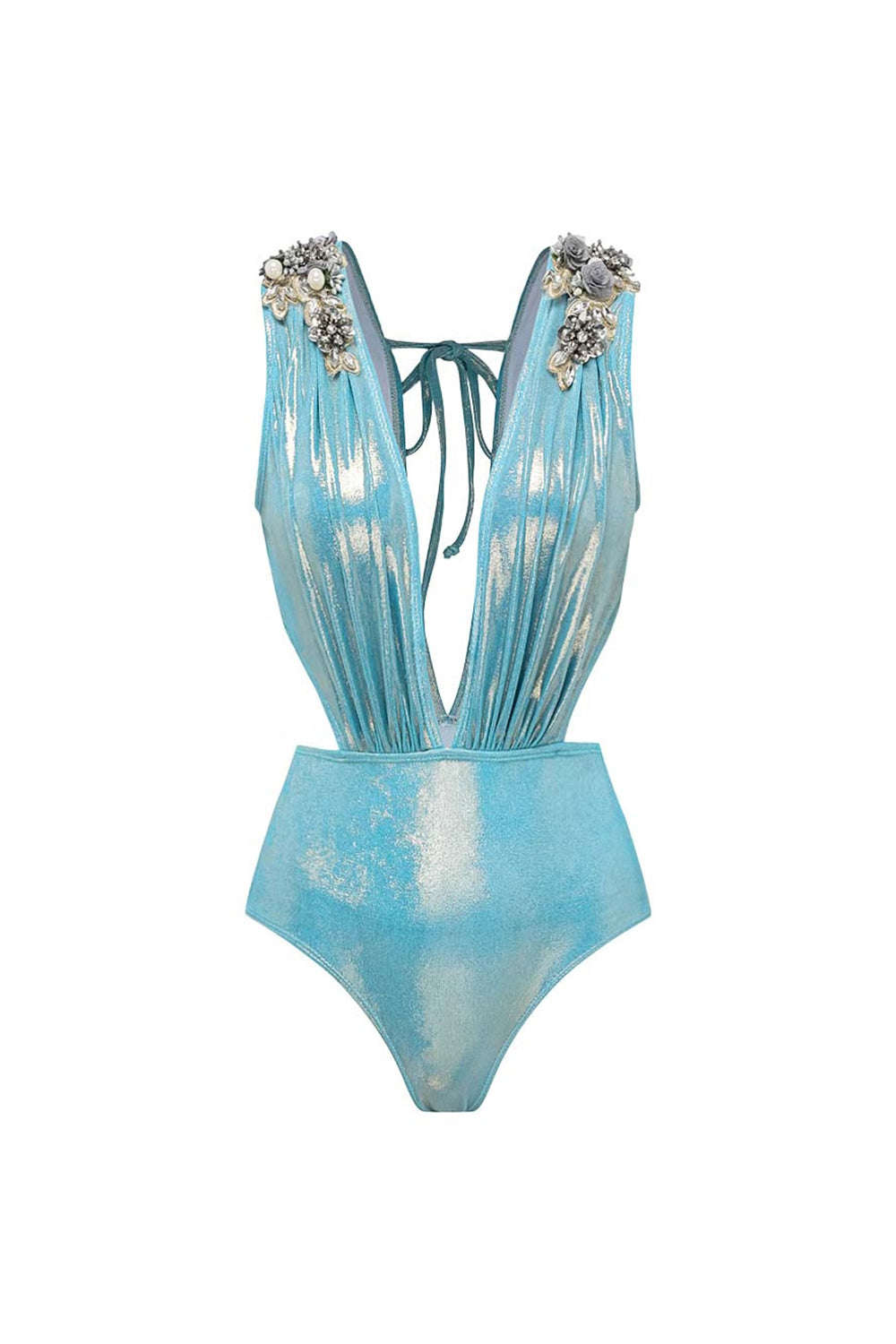 Maillot de bain deux pièces bleu métallisé à col en V, perlé, avec robe de plage