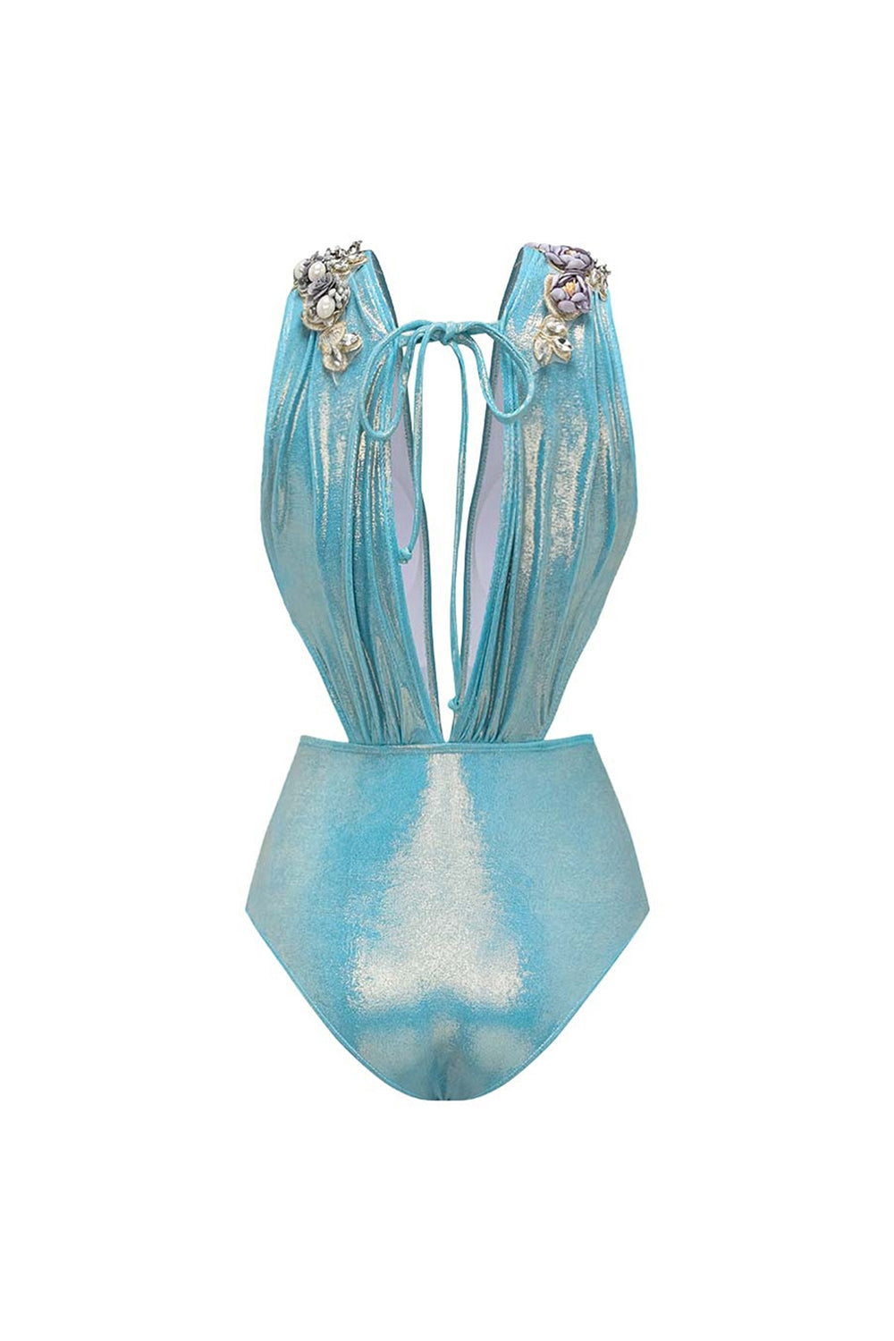 Maillot de bain deux pièces bleu métallisé à col en V, perlé, avec robe de plage