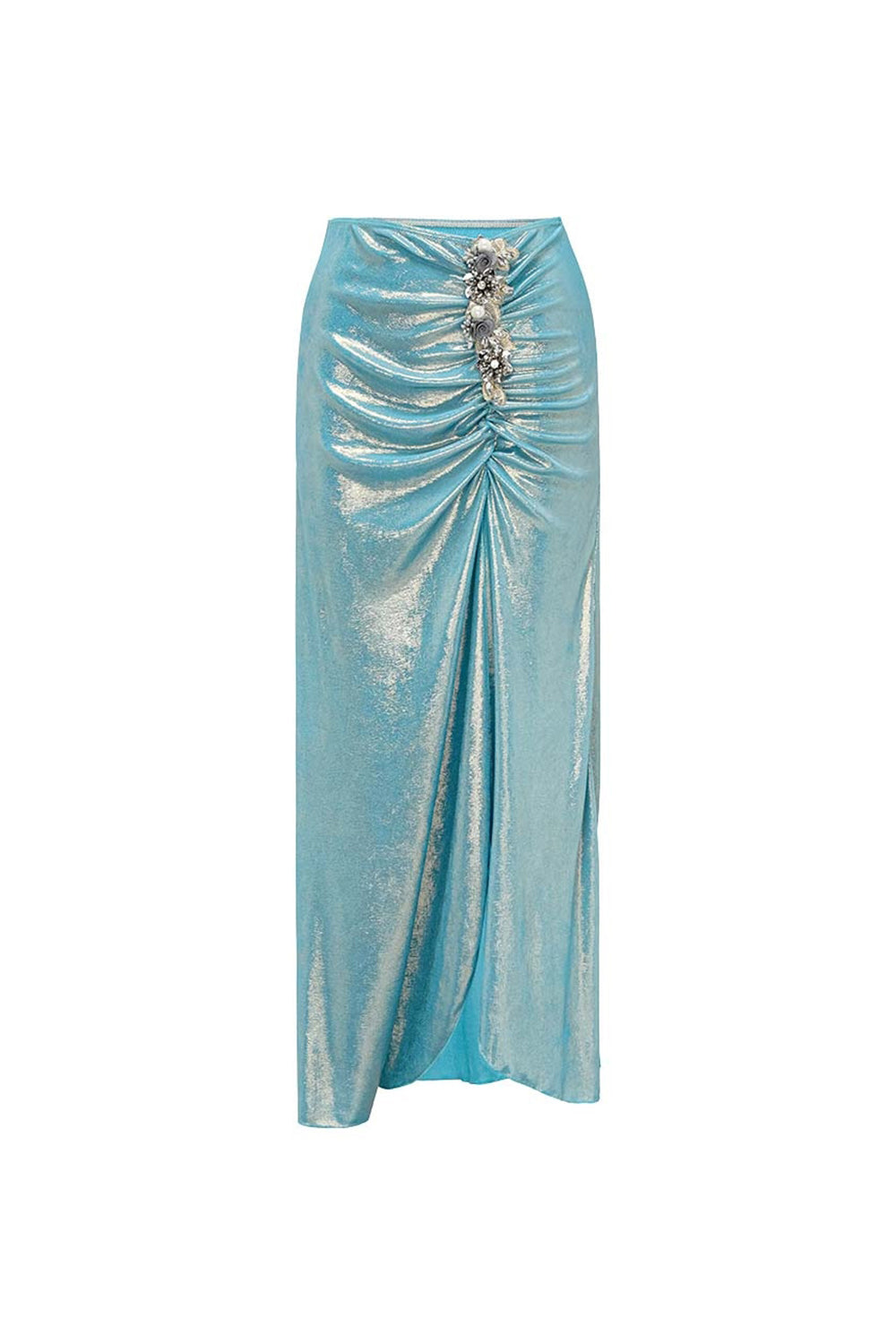 Maillot de bain deux pièces bleu métallisé à col en V, perlé, avec robe de plage