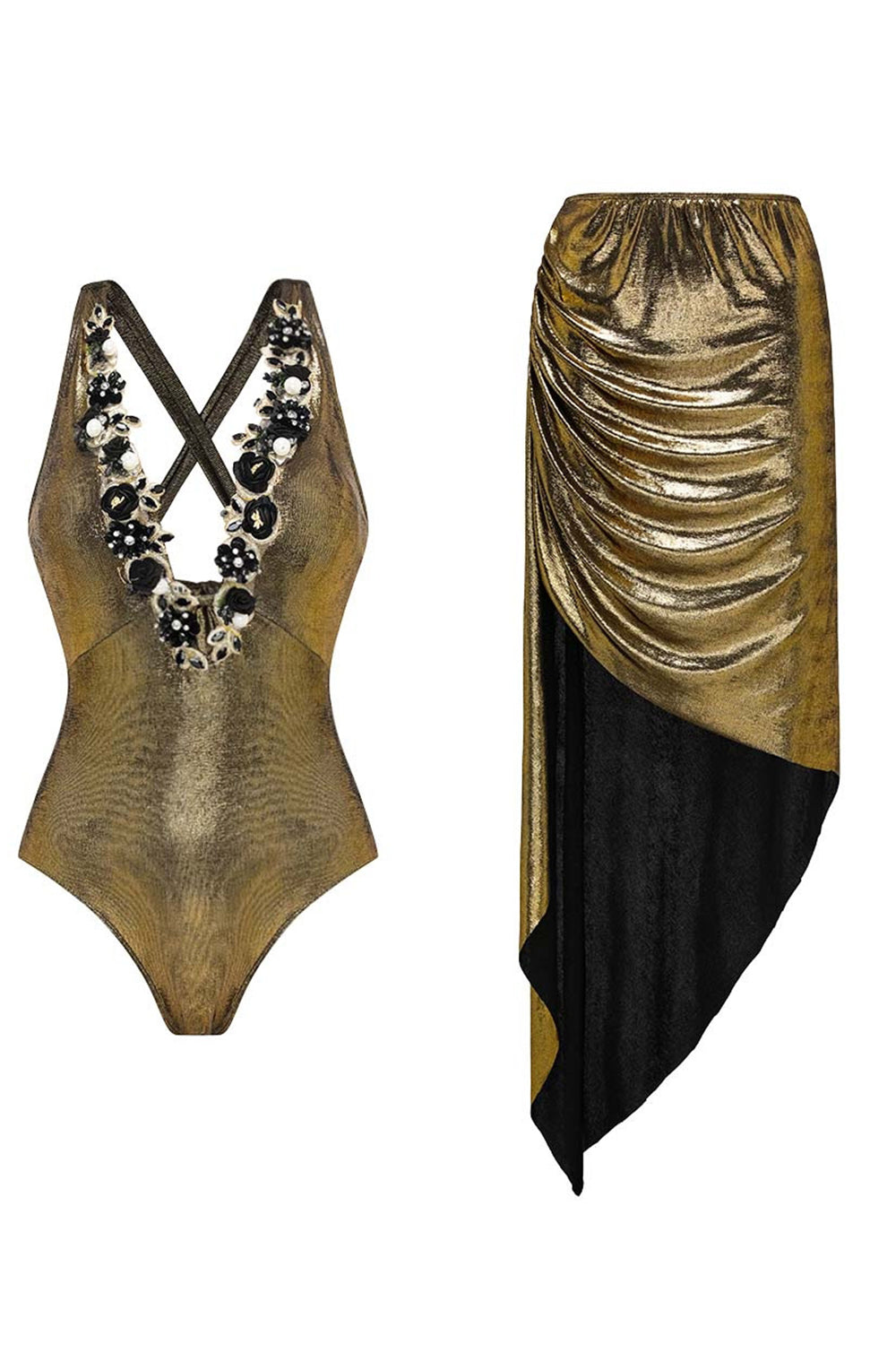 Maillot de bain deux pièces doré métallisé à fleurs 3D et décolleté en V avec robe de plage