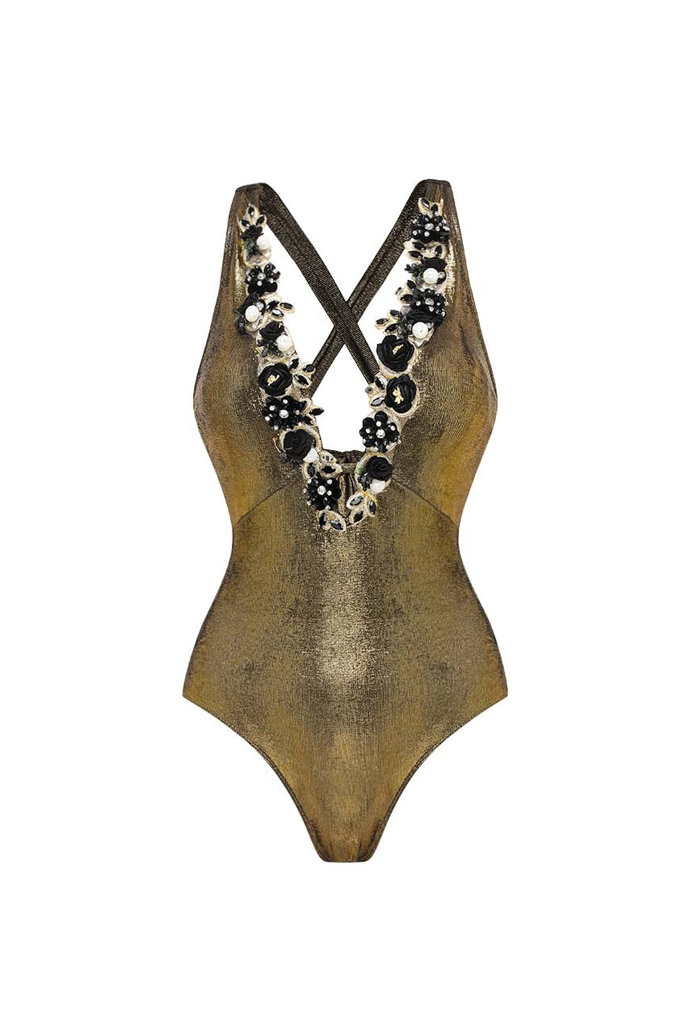 Maillot de bain deux pièces doré métallisé à fleurs 3D et décolleté en V avec robe de plage