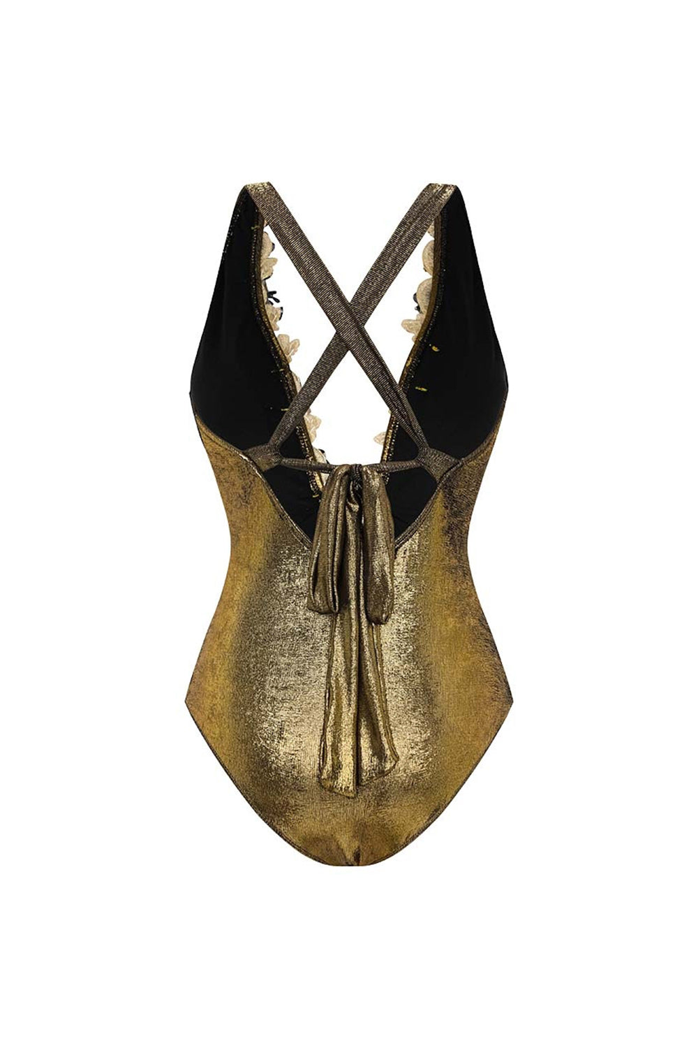 Maillot de bain deux pièces doré métallisé à fleurs 3D et décolleté en V avec robe de plage