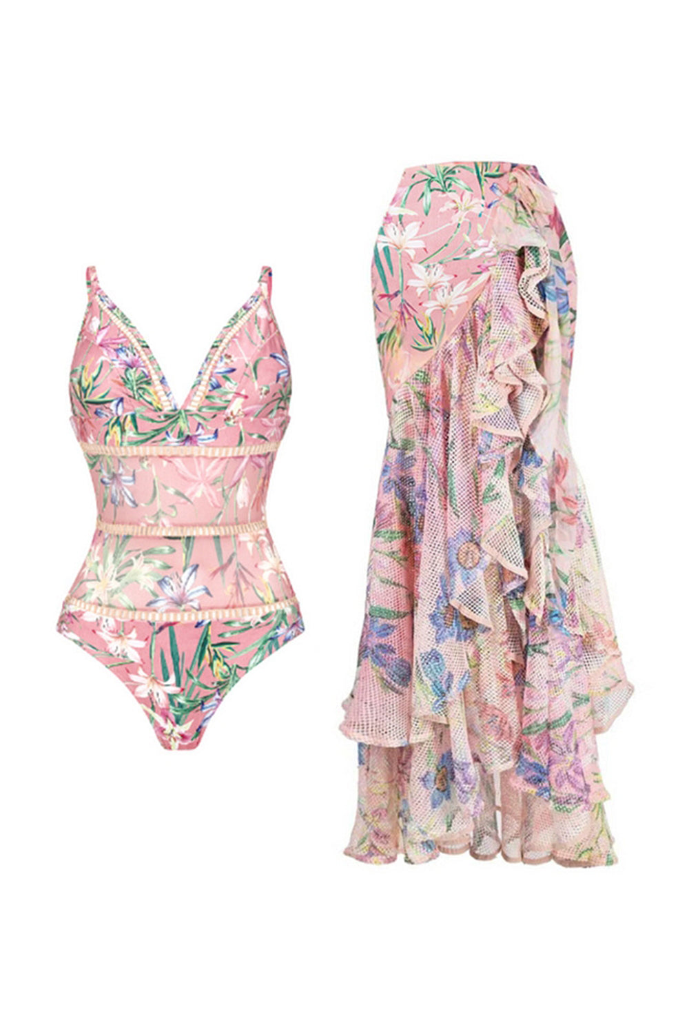 Pink Floral Ruffled Spaghetti Straps 2 Piece Swimsuit with Beach Dress