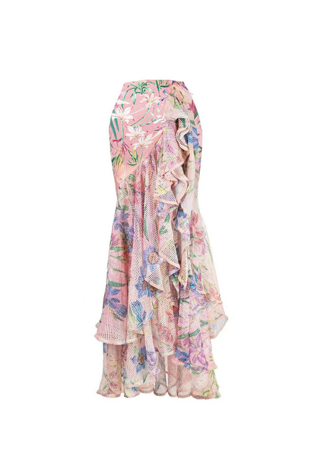 Pink Floral Ruffled Spaghetti Straps 2 Piece Swimsuit with Beach Dress