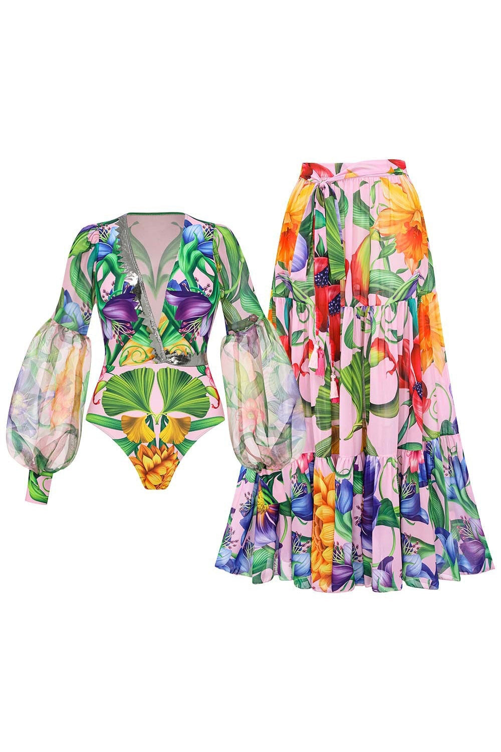2 Piece Long Sleeves V-Neck Pink Floral Swimsuit with Beach Dress