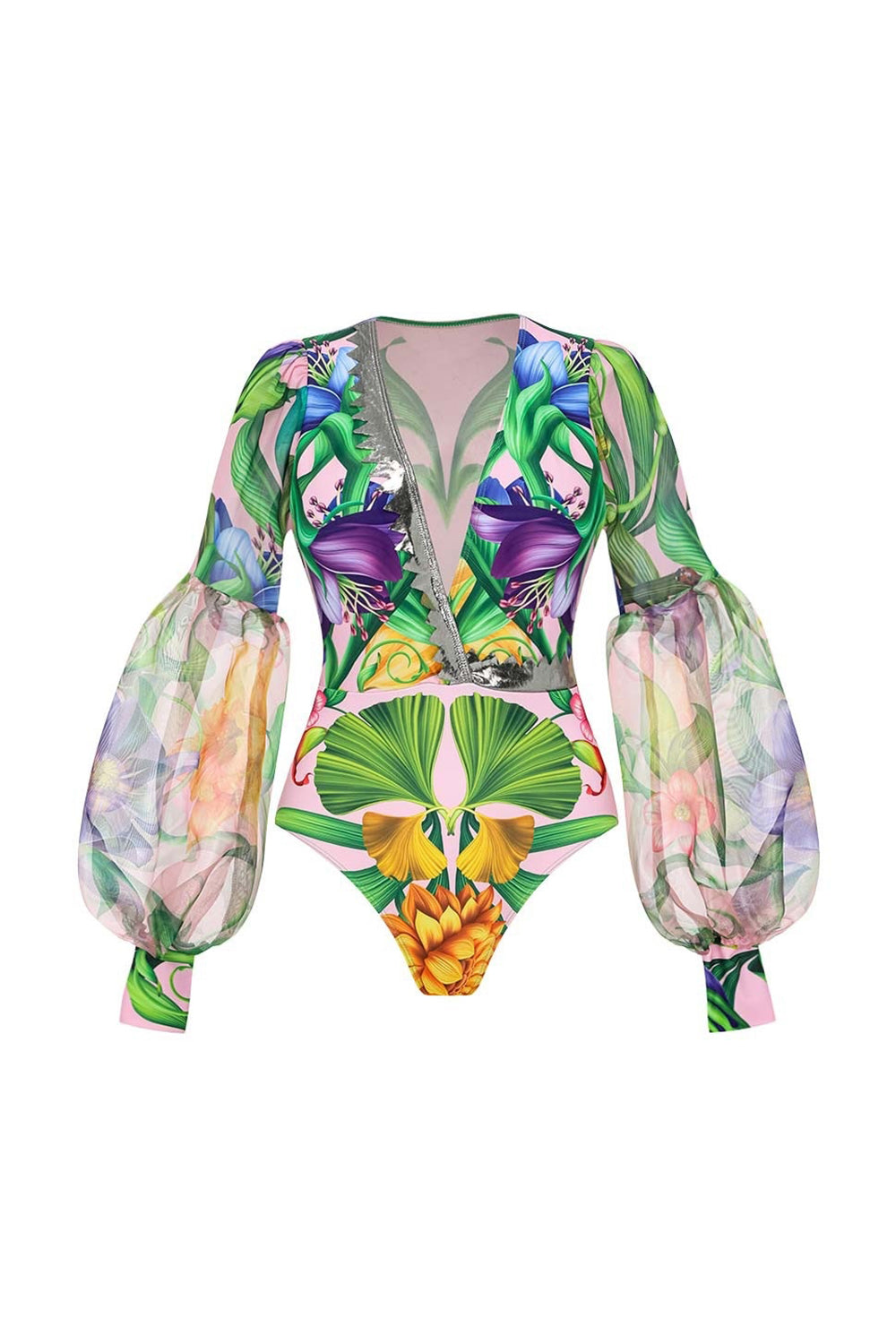 2 Piece Long Sleeves V-Neck Pink Floral Swimsuit with Beach Dress