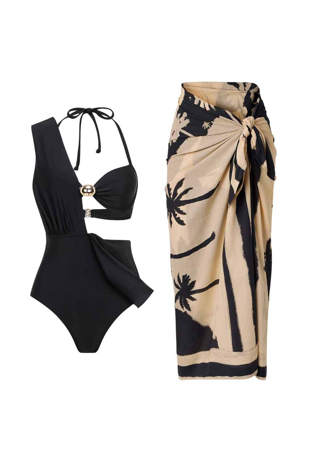 Maillot de bain trois pièces noir décapotable avec licou et cache-maillot