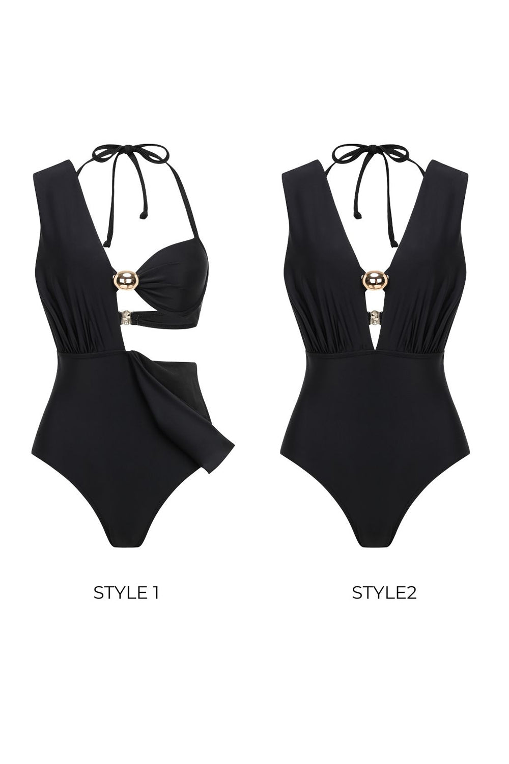 Maillot de bain trois pièces noir décapotable avec licou et cache-maillot