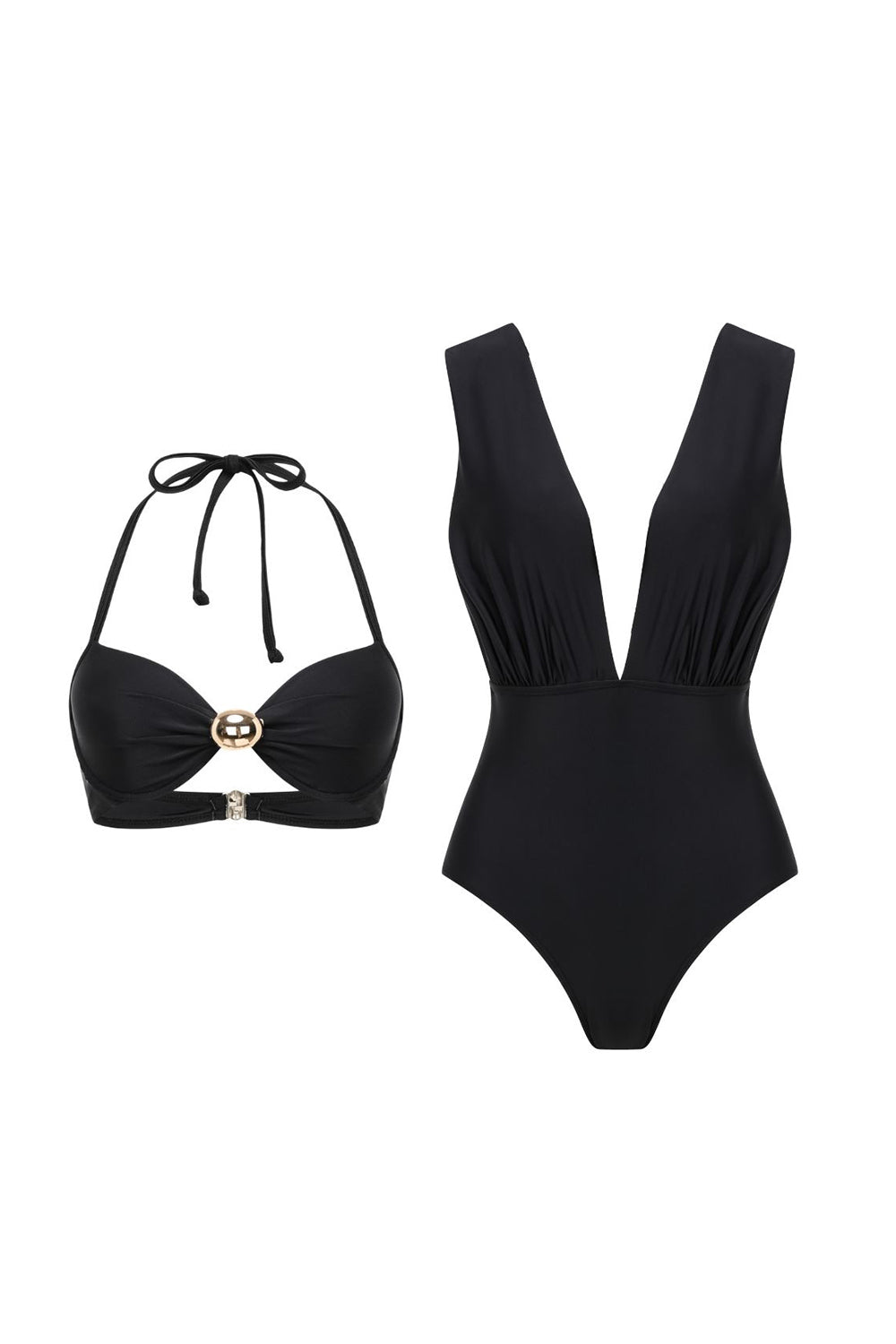 Maillot de bain trois pièces noir décapotable avec licou et cache-maillot