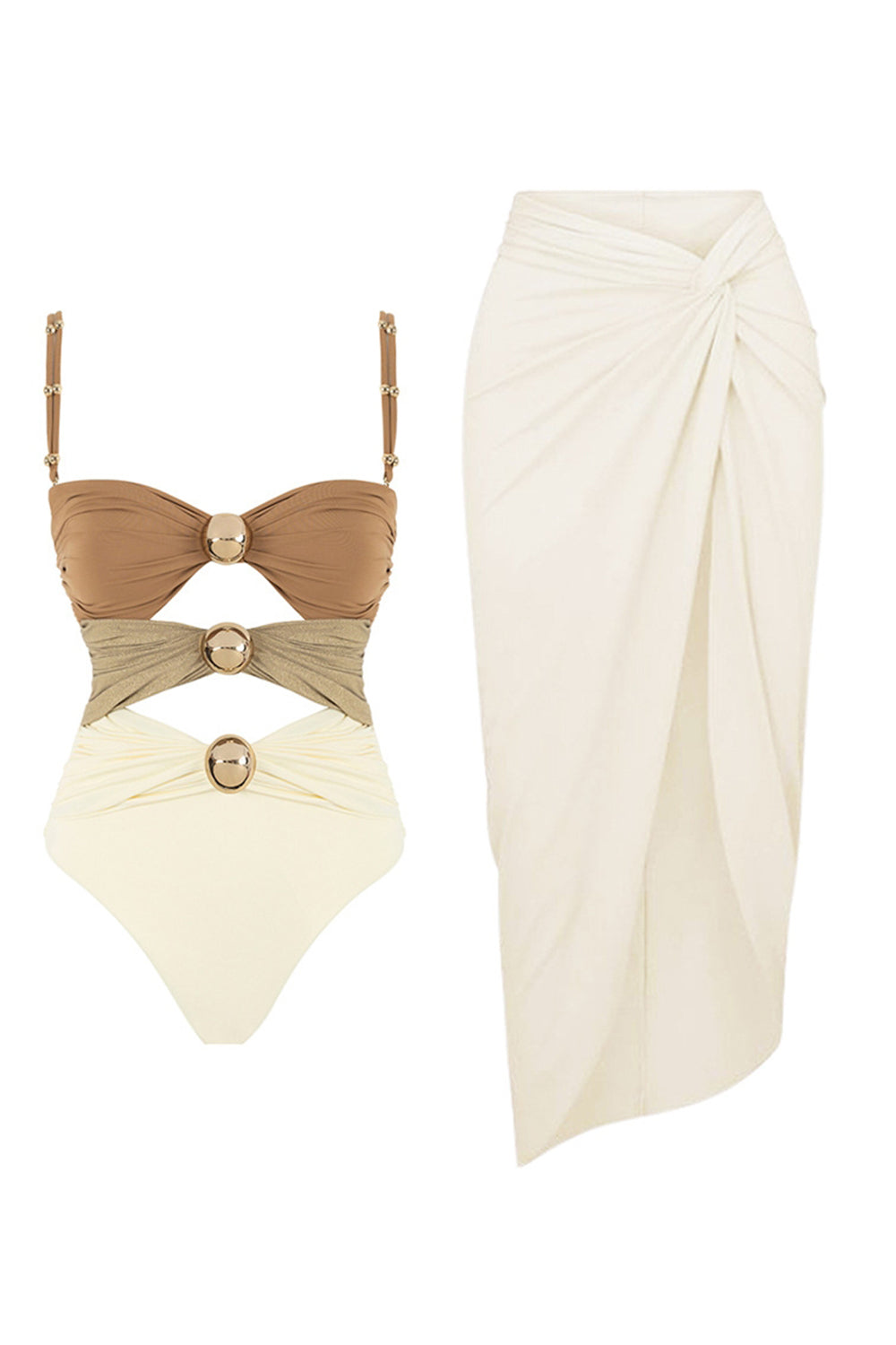Black Spaghetti Straps 2 Piece Cut Out Swimsuit with Beach Dress