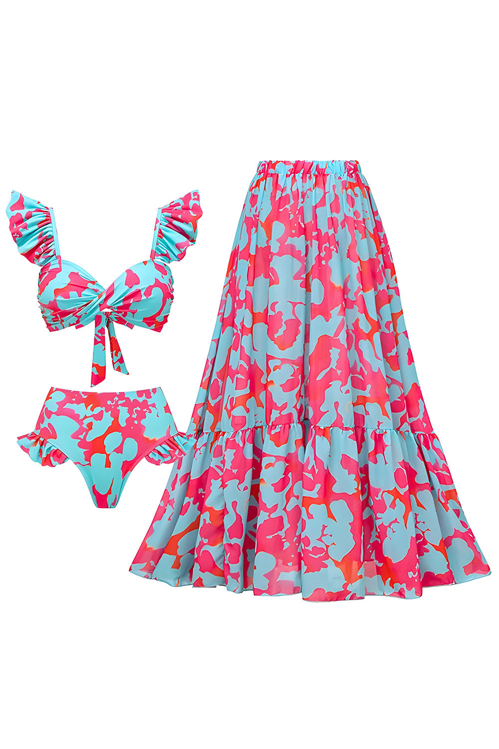 3 Piece Blue and Fuchsia Printed Swimwear with Cover Up Skirt
