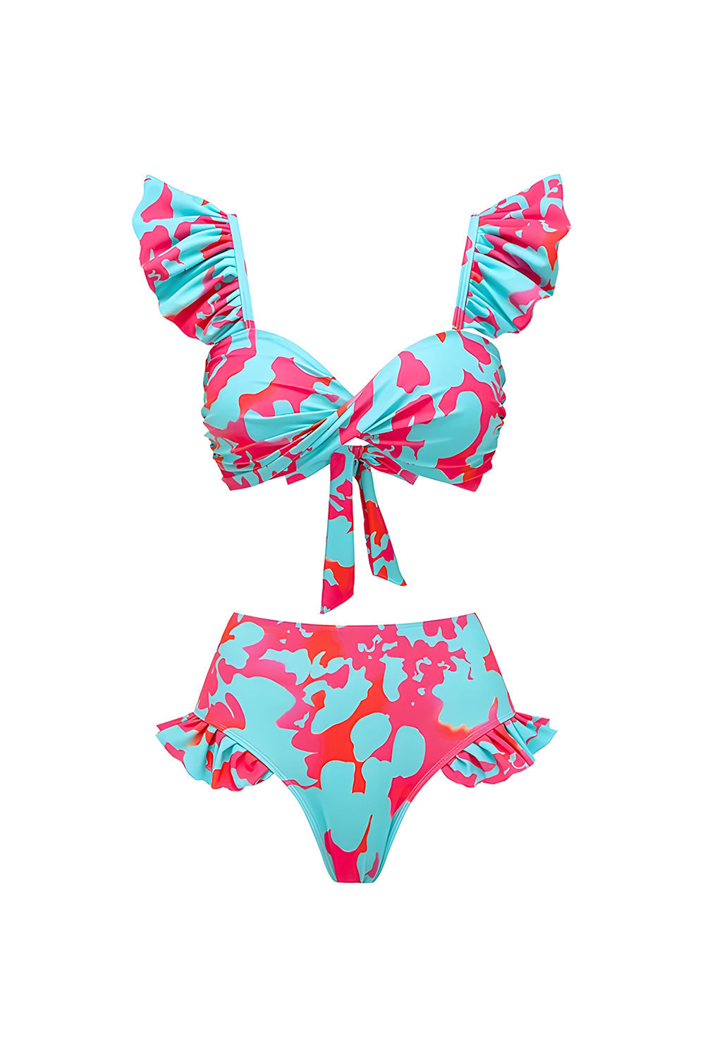 3 Piece Blue and Fuchsia Printed Swimwear with Cover Up Skirt